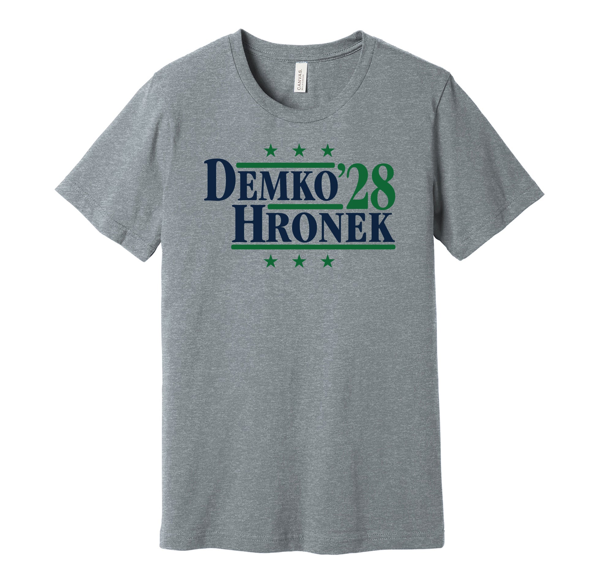 Vancouver Canucks retro political campaign parody grey t-shirt featuring Thatcher Demko and Filip Hronek '28, designed in a vintage election style by Hyper Than Hype Shirts.