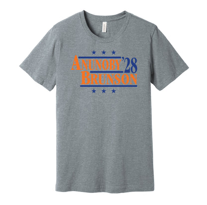 New York Knicks retro political campaign parody grey t-shirt featuring Jalen Brunson and OG Anunoby '28, designed in a vintage election style by Hyper Than Hype Shirts.