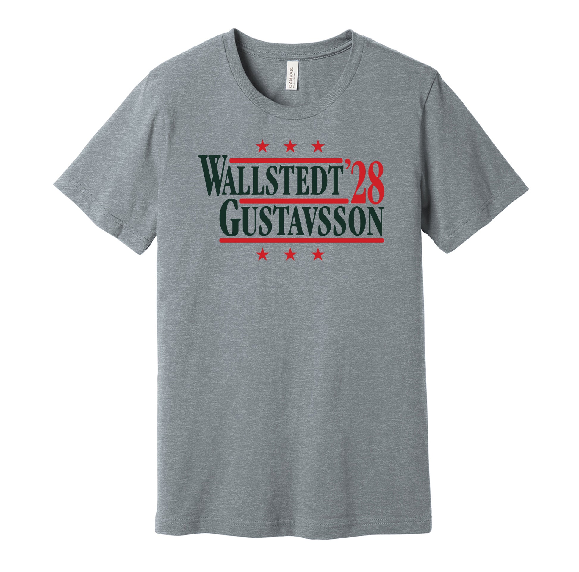 Minnesota Wild retro political campaign parody grey t-shirt featuring Jesper Wallstedt and Filip Gustavsson '28, designed in a vintage election style by Hyper Than Hype Shirts.