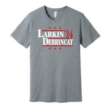 chicago blackhawks grey tshirt that says larkin debrincat 24 for presidential election parody tee