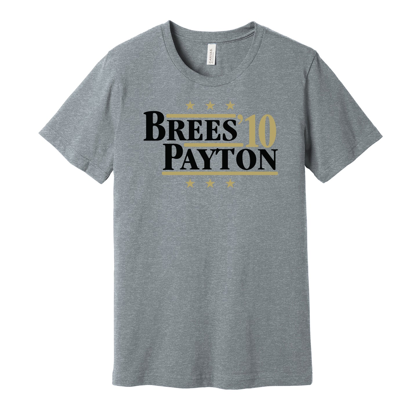 New Orleans Saints retro political campaign parody grey t-shirt featuring Drew Brees and Sean Payton '10, designed in a vintage election style by Hyper Than Hype Shirts.