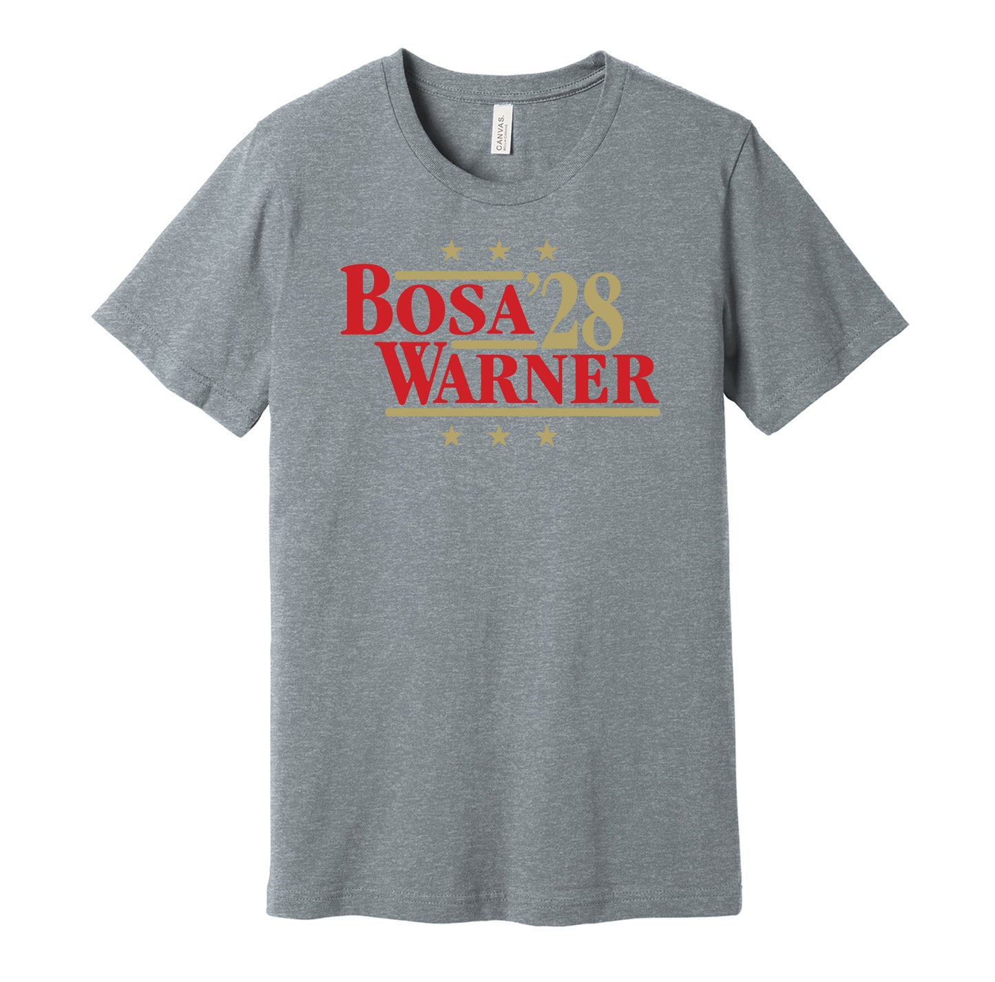 San Francisco 49ers retro political campaign parody grey t-shirt featuring Nick Bosa and Fred Warner '28, designed in a vintage election style by Hyper Than Hype Shirts.