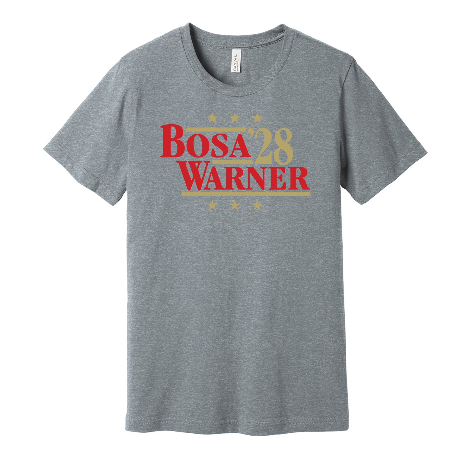 San Francisco 49ers retro political campaign parody grey t-shirt featuring Nick Bosa and Fred Warner '28, designed in a vintage election style by Hyper Than Hype Shirts.