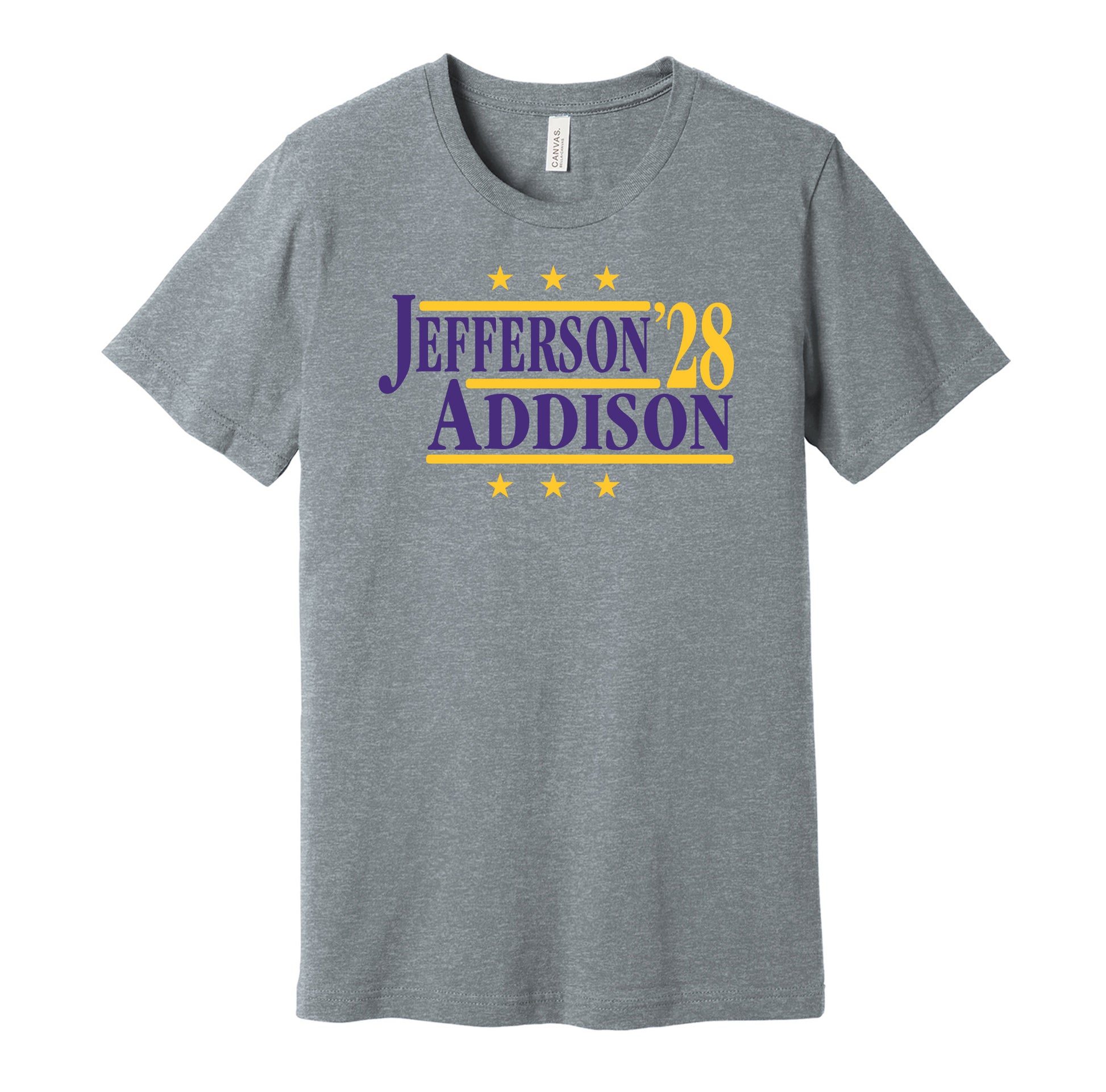 Minnesota Vikings retro political campaign parody grey t-shirt featuring Justin Jefferson and Jordan Addison '28, designed in a vintage election style by Hyper Than Hype Shirts.