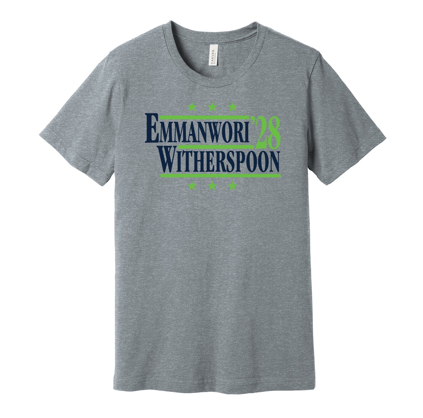 Seattle Seahawks retro political campaign parody grey t-shirt featuring Nick Emmanwori and Devon Witherspoon '28, designed in a vintage election style by Hyper Than Hype Shirts.
