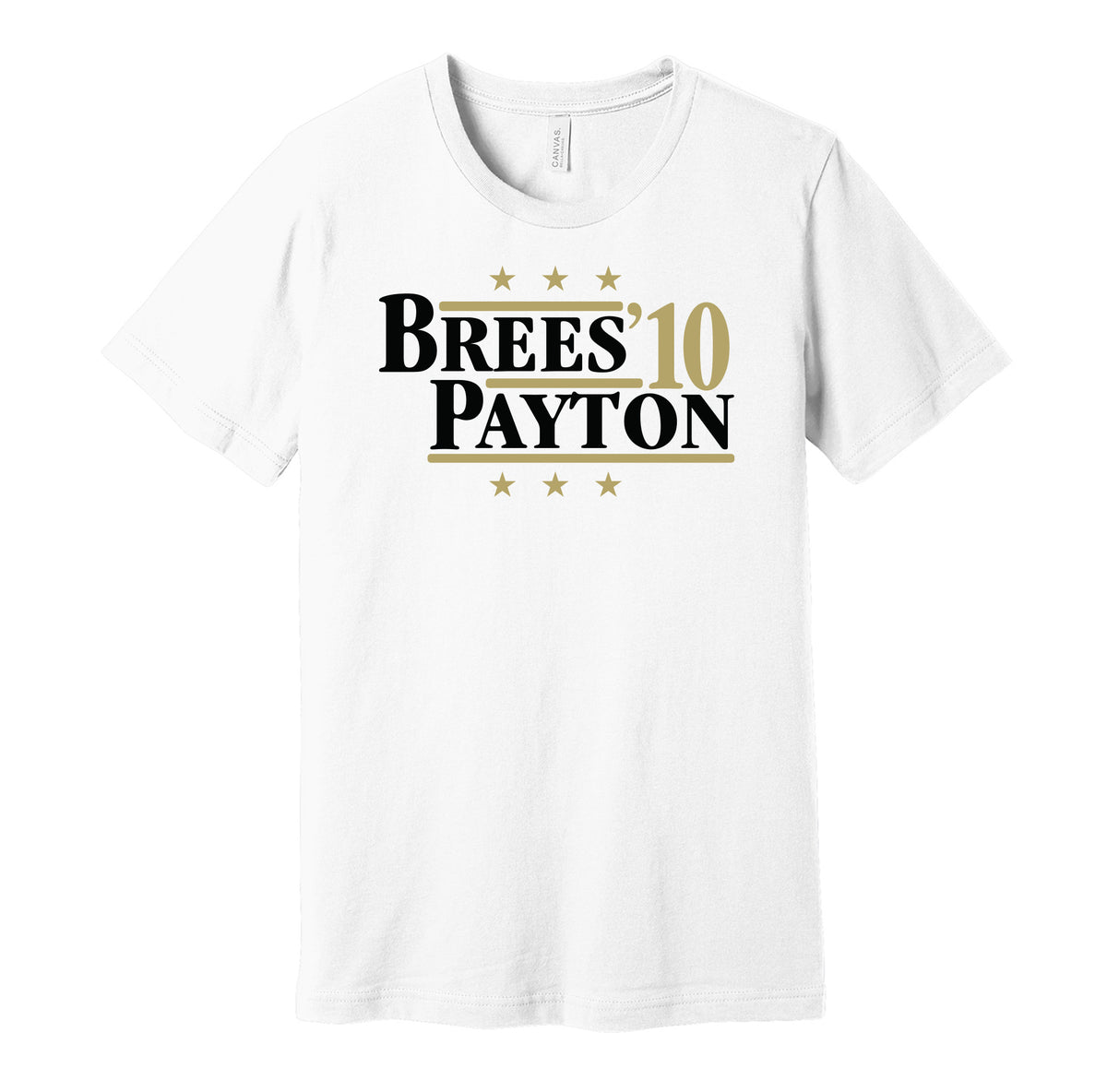 New Orleans Saints retro political campaign parody white t-shirt featuring Drew Brees and Sean Payton '10, designed in a vintage election style by Hyper Than Hype Shirts.