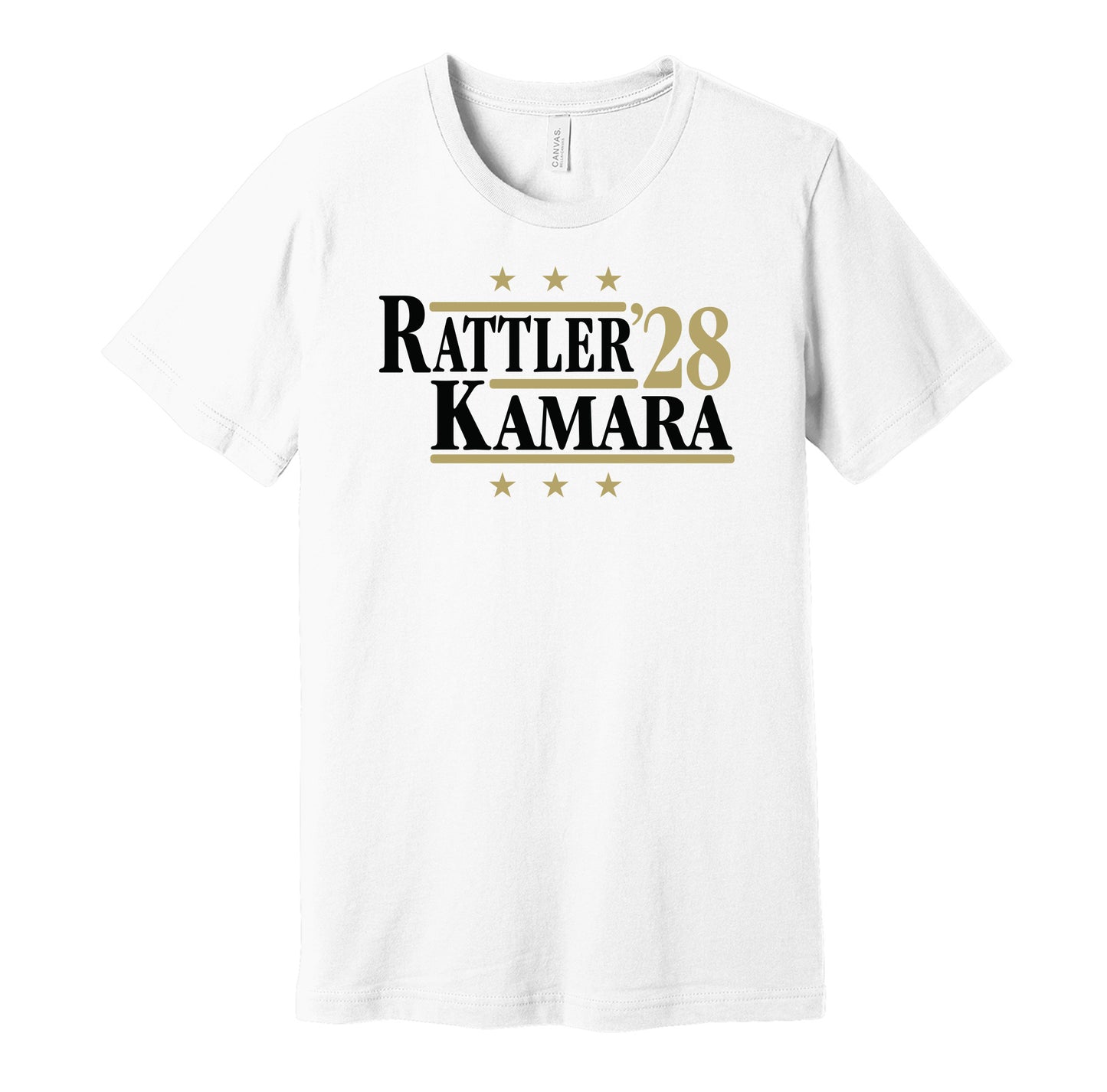 New Orleans Saints retro political campaign parody white t-shirt featuring Spencer Rattler and Alvin Kamara '28, designed in a vintage election style by Hyper Than Hype Shirts.