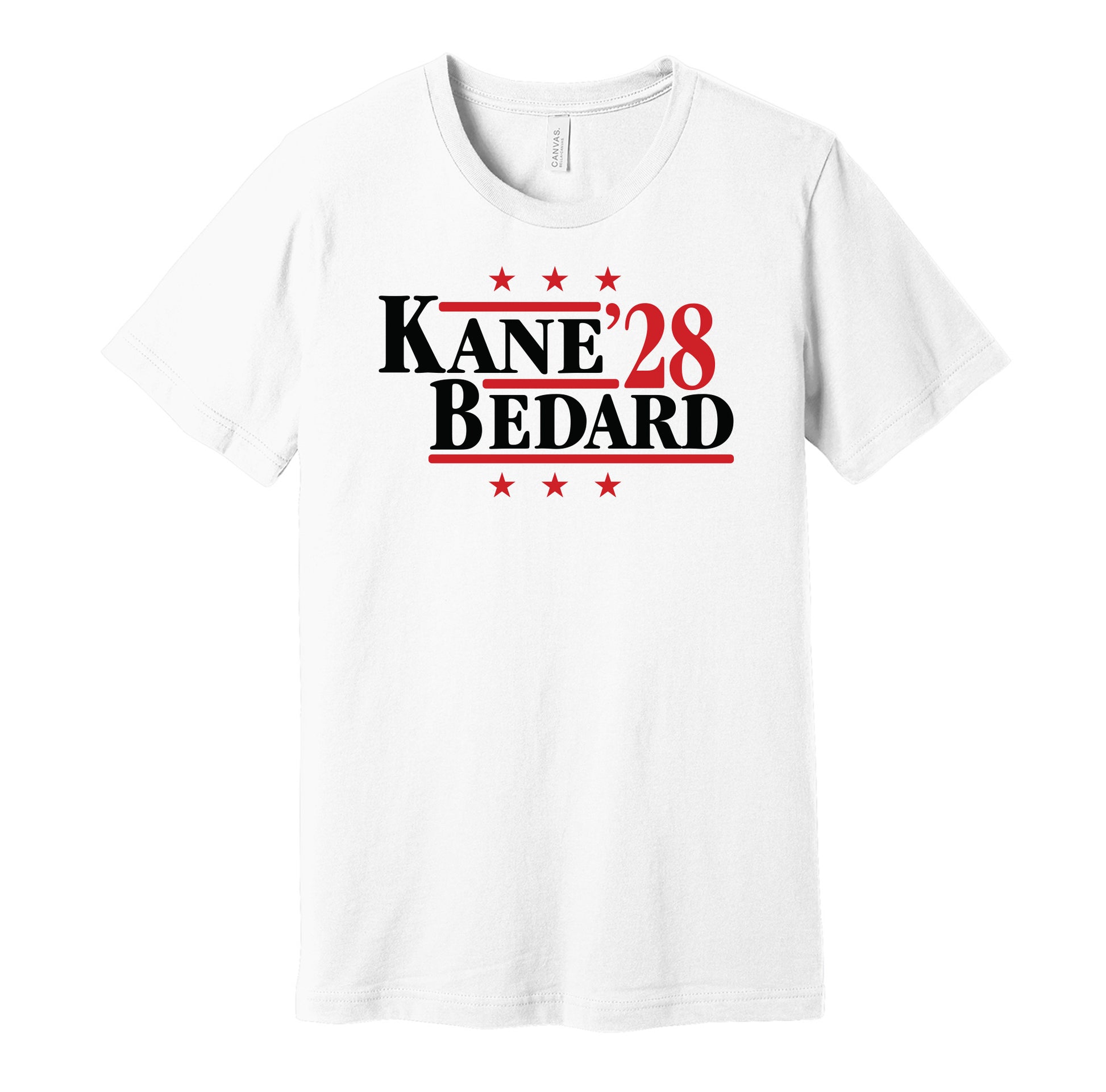 Chicago Blackhawks retro political campaign parody white t-shirt featuring Patrick Kane and Connor Bedard '28, designed in a vintage election style by Hyper Than Hype Shirts.