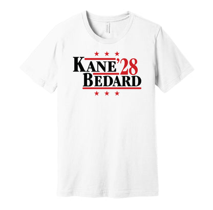 Chicago Blackhawks retro political campaign parody white t-shirt featuring Patrick Kane and Connor Bedard '28, designed in a vintage election style by Hyper Than Hype Shirts.
