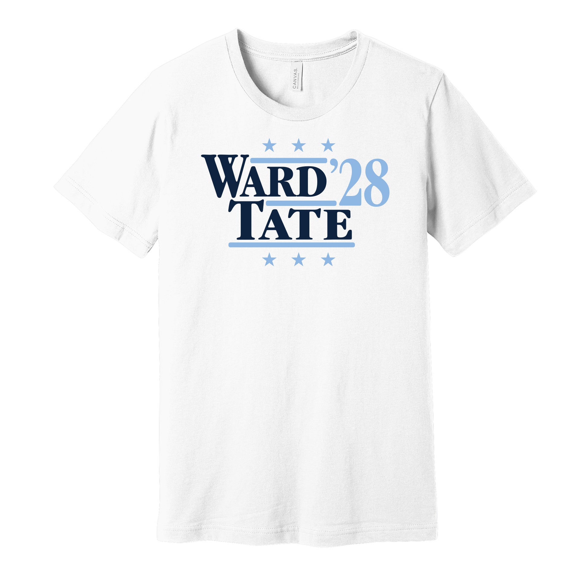 Tennessee Titans retro political campaign parody white t-shirt featuring Cam Ward and Carnell Tate '28, designed in a vintage election style by Hyper Than Hype Shirts.