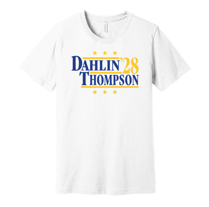 Buffalo Sabres retro political campaign parody white t-shirt featuring Rasmus Dahlin and Tage Thompson '28, designed in a vintage election style by Hyper Than Hype Shirts.