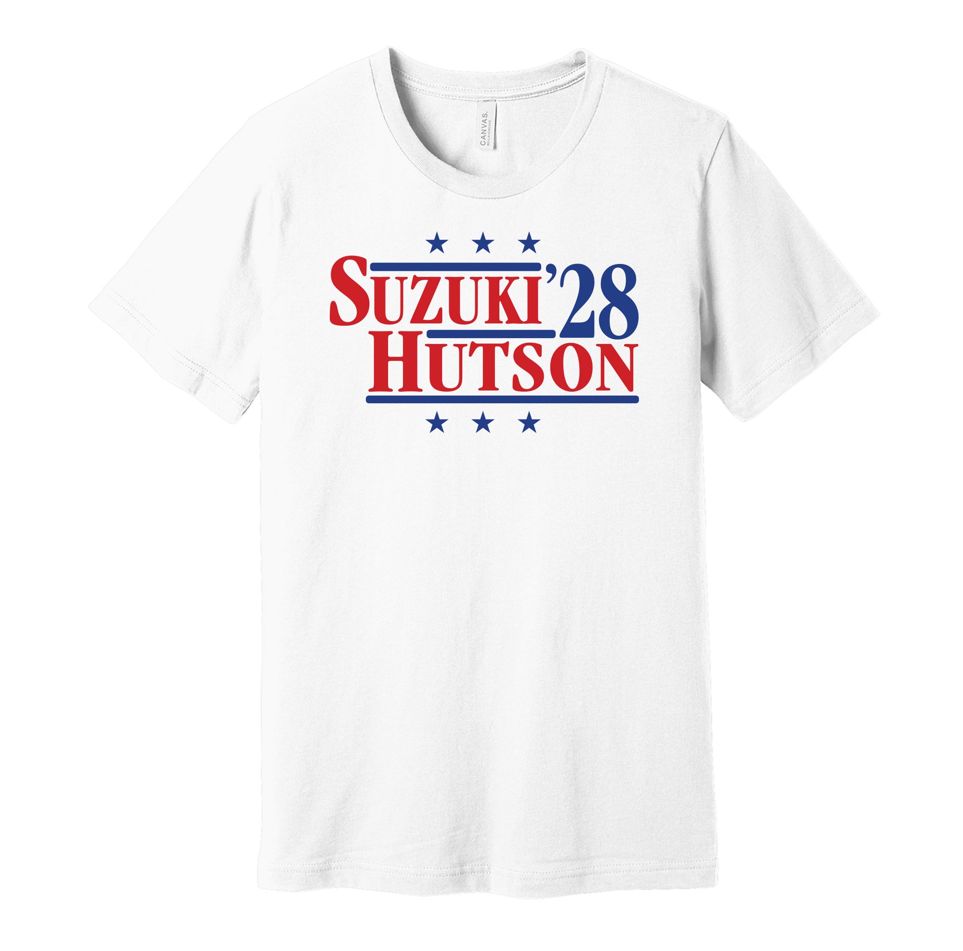 Montreal Canadiens retro political campaign parody white t-shirt featuring Nick Suzuki and Lane Hutson '28, designed in a vintage election style by Hyper Than Hype Shirts.