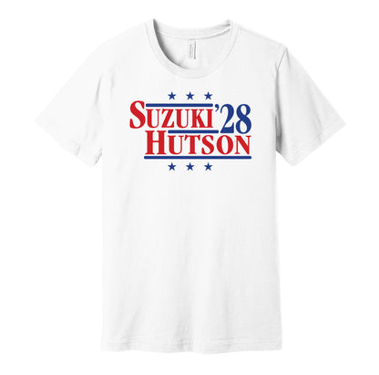 Montreal Canadiens retro political campaign parody white t-shirt featuring Nick Suzuki and Lane Hutson '28, designed in a vintage election style by Hyper Than Hype Shirts.
