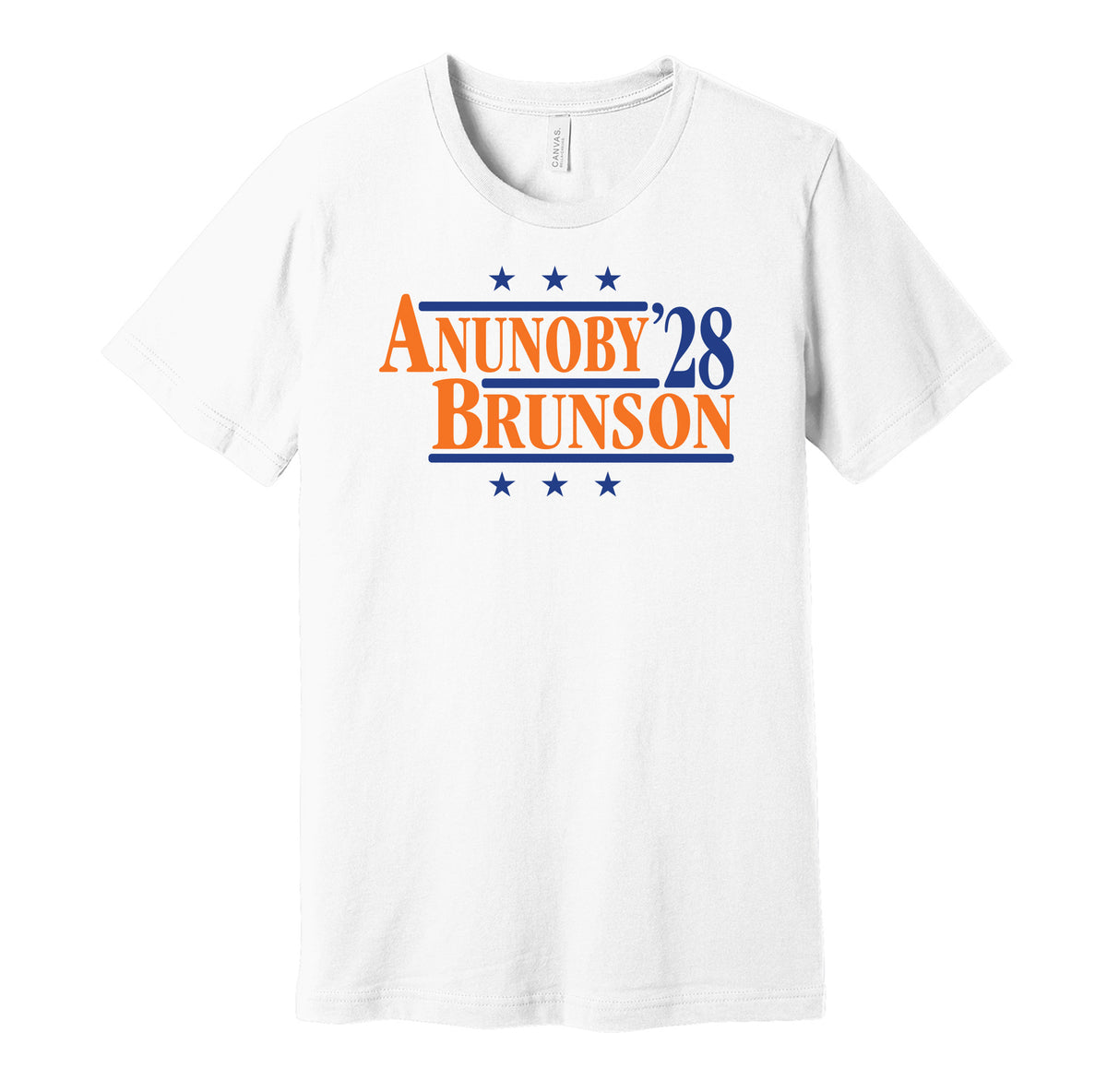 New York Knicks retro political campaign parody white t-shirt featuring Jalen Brunson and OG Anunoby '28, designed in a vintage election style by Hyper Than Hype Shirts.
