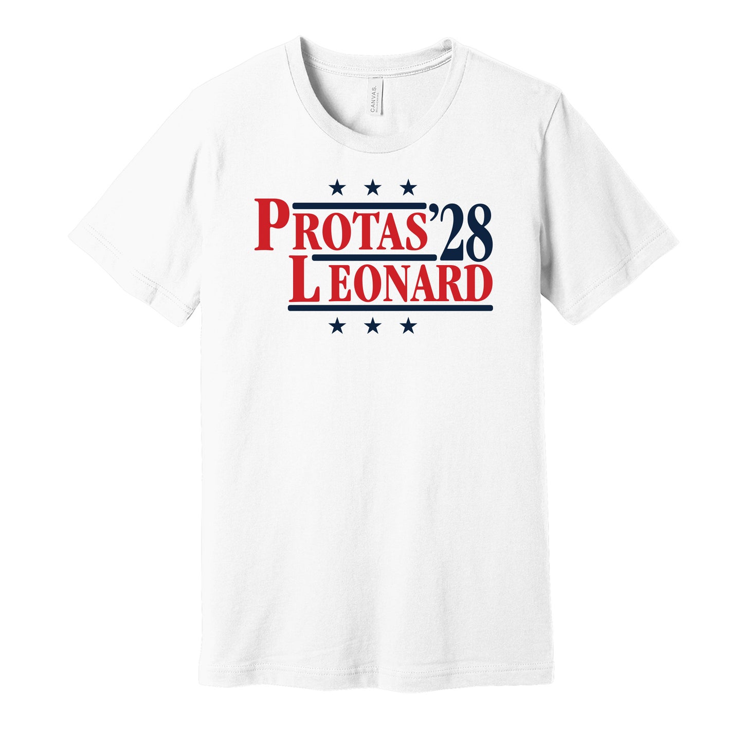 Washington Capitals retro political campaign parody white t-shirt featuring Aliaksei Protas and Ryan Leonard '28, designed in a vintage election style by Hyper Than Hype Shirts.
