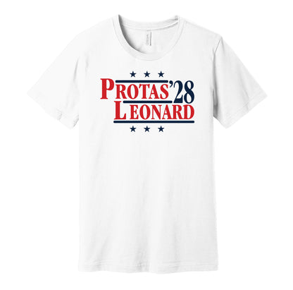 Washington Capitals retro political campaign parody white t-shirt featuring Aliaksei Protas and Ryan Leonard '28, designed in a vintage election style by Hyper Than Hype Shirts.