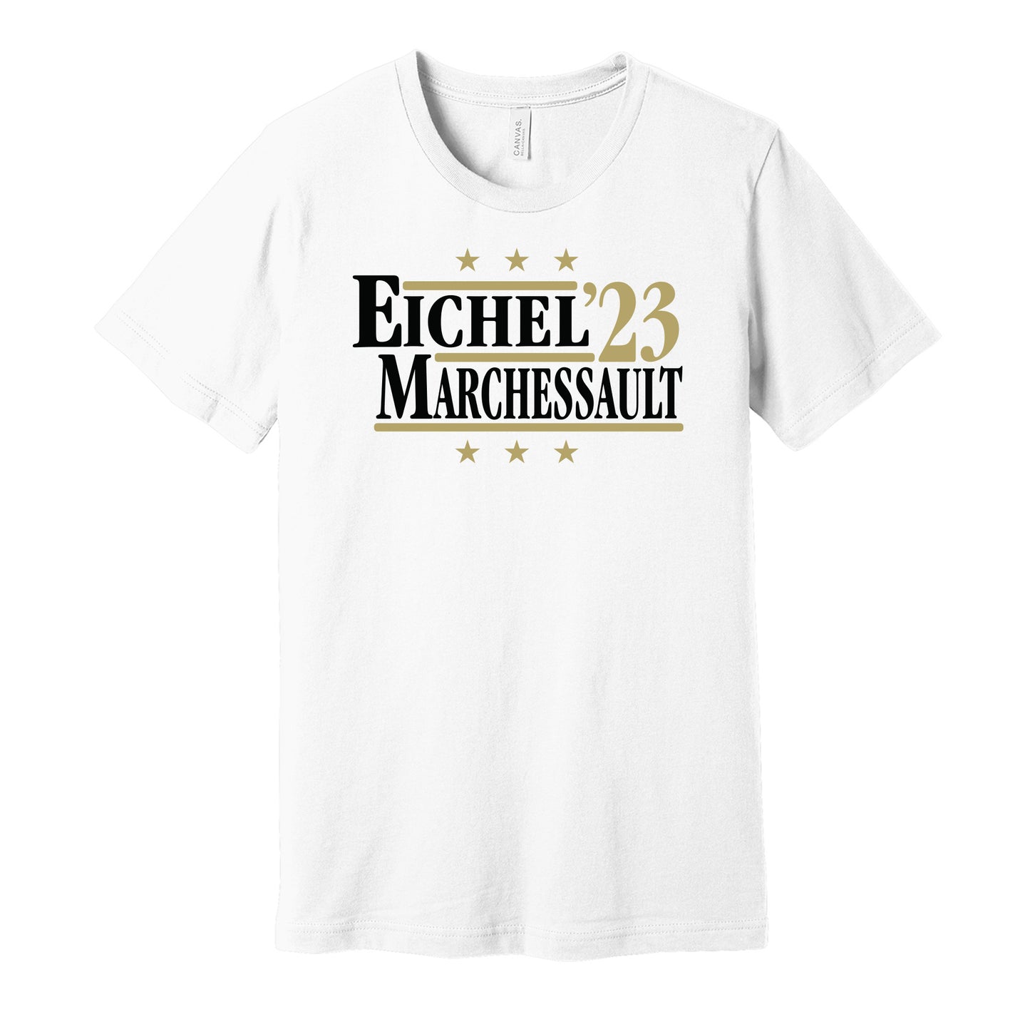 Vegas Golden Knights retro political campaign parody white t-shirt featuring Jack Eichel and Jonathan Marchessault '23, designed in a vintage election style by Hyper Than Hype Shirts.