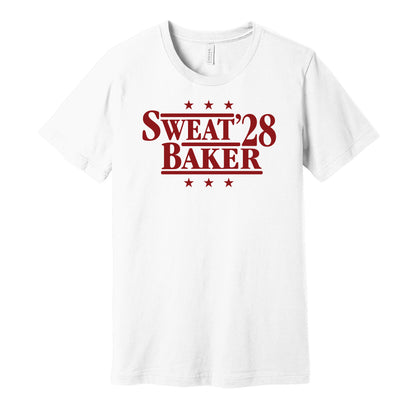 Arizona Cardinals retro political campaign parody white t-shirt featuring Josh Sweat and Budda Baker '28, designed in a vintage election style by Hyper Than Hype Shirts.