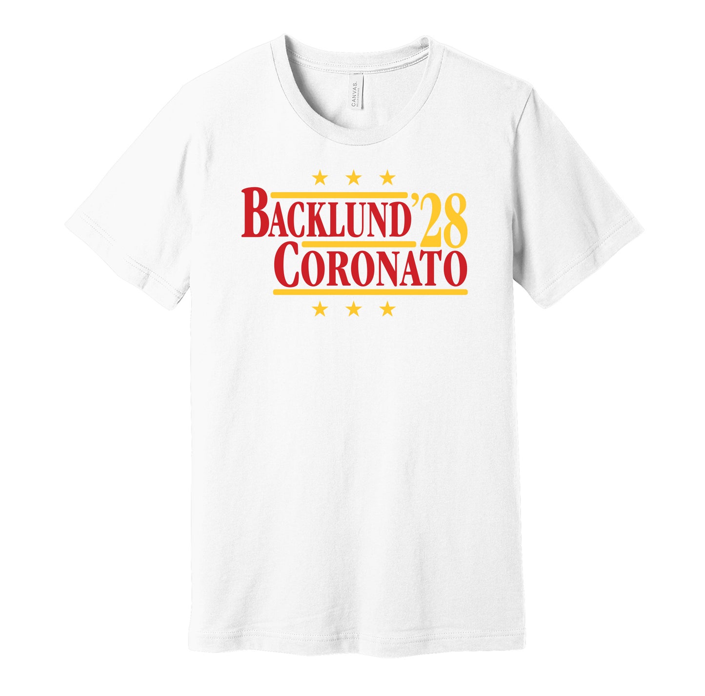 Calgary Flames retro political campaign parody white t-shirt featuring Mikael Backlund and Matt Coronato '28, designed in a vintage election style by Hyper Than Hype Shirts.