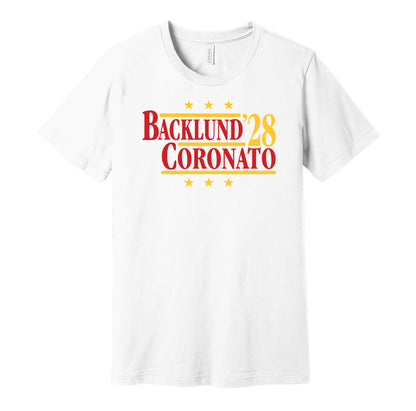 Calgary Flames retro political campaign parody white t-shirt featuring Mikael Backlund and Matt Coronato '28, designed in a vintage election style by Hyper Than Hype Shirts.