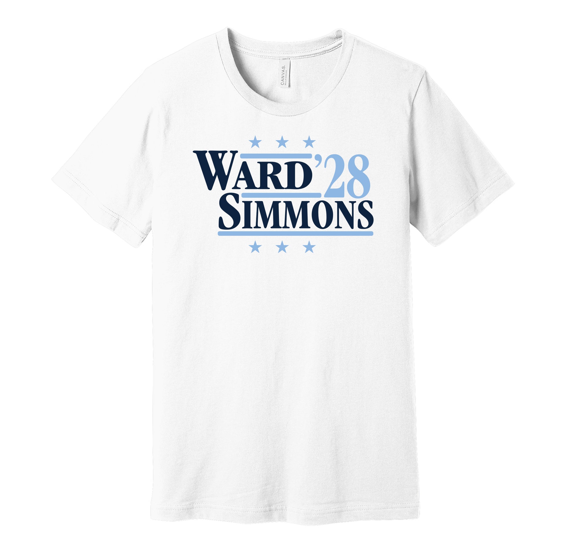 Tennessee Titans retro political campaign parody white t-shirt featuring Cam Ward and Jeffery Simmons '28, designed in a vintage election style by Hyper Than Hype Shirts.