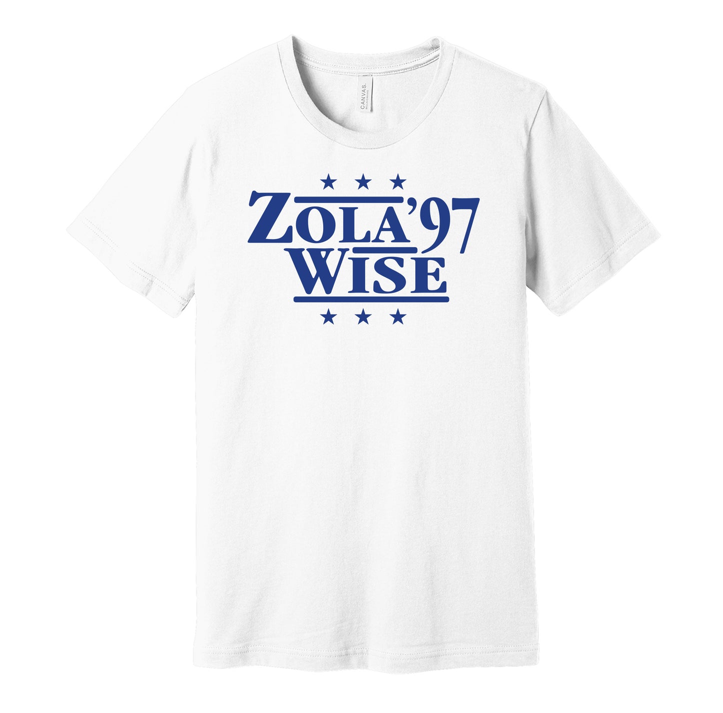 Chelsea retro political campaign parody white t-shirt featuring Gianfranco Zola and Dennis Wise '97, designed in a vintage election style by Hyper Than Hype Shirts.