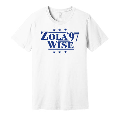 Chelsea retro political campaign parody white t-shirt featuring Gianfranco Zola and Dennis Wise '97, designed in a vintage election style by Hyper Than Hype Shirts.