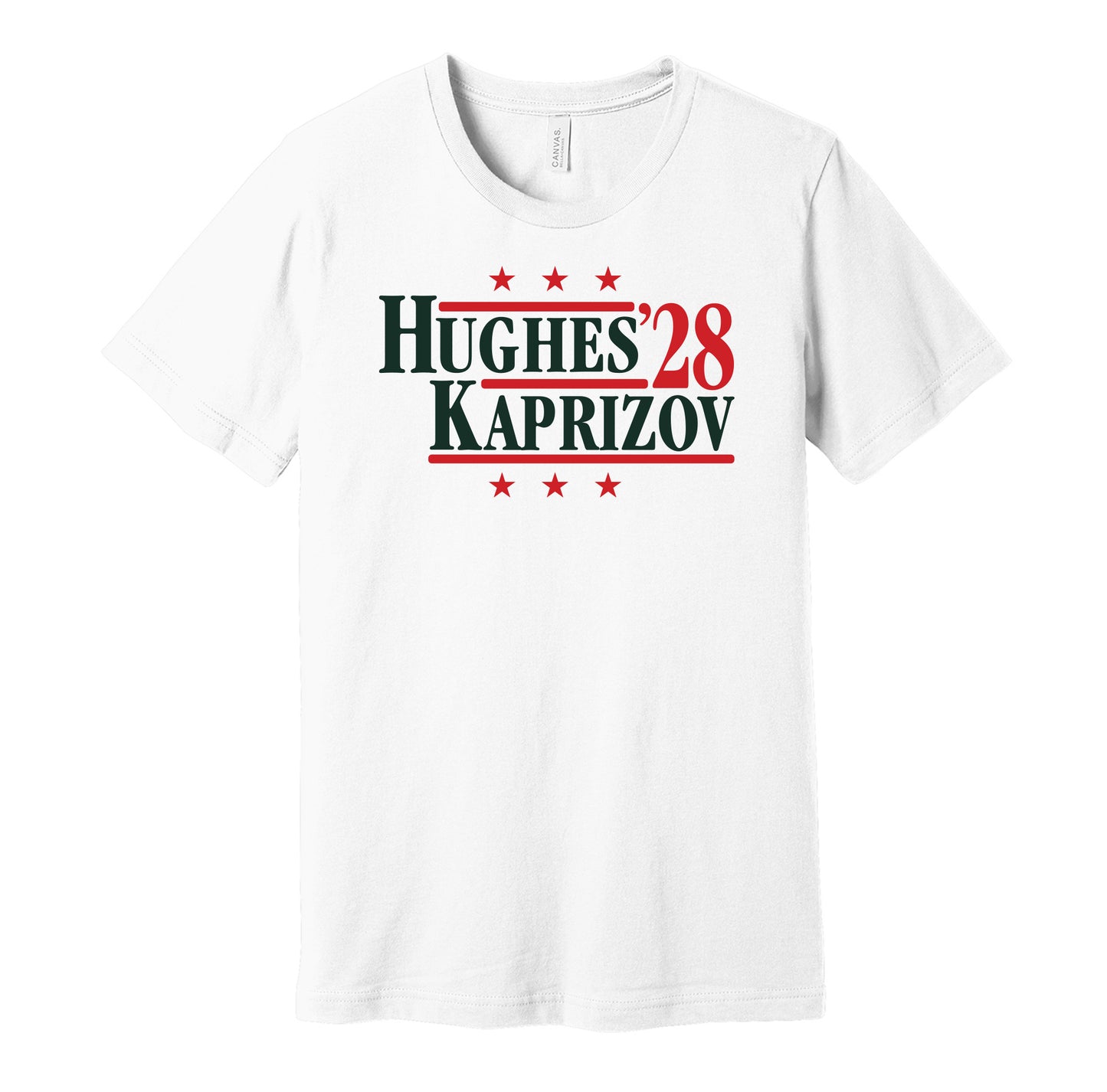 Minnesota Wild retro political campaign parody white t-shirt featuring Quinn Hughes and Kirill Kaprizov '28, designed in a vintage election style by Hyper Than Hype Shirts.