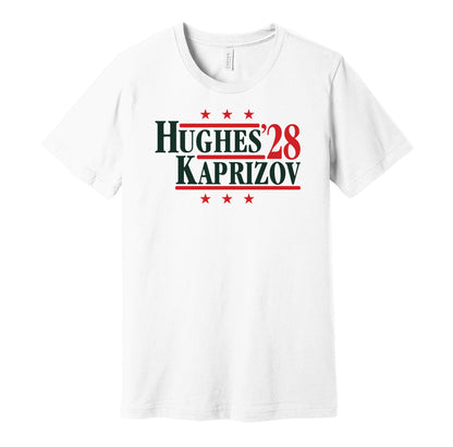 Minnesota Wild retro political campaign parody white t-shirt featuring Quinn Hughes and Kirill Kaprizov '28, designed in a vintage election style by Hyper Than Hype Shirts.