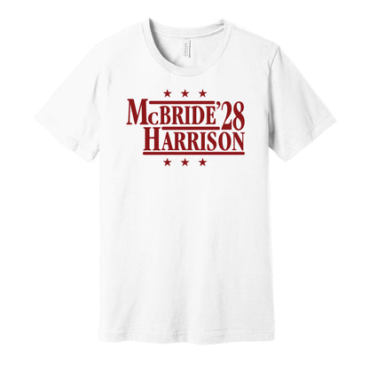Arizona Cardinals retro political campaign parody white t-shirt featuring Marvin Harrison Jr. and Trey McBride '28, designed in a vintage election style by Hyper Than Hype Shirts.