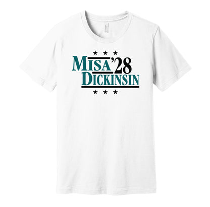 San Jose Sharks retro political campaign parody white t-shirt featuring Michael Misa and Sam Dickinson '28, designed in a vintage election style by Hyper Than Hype Shirts.
