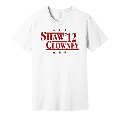 South Carolina Gamecocks retro political campaign parody white t-shirt featuring Connor Shaw and Jadeveon Clowney '12, designed in a vintage election style by Hyper Than Hype Shirts.