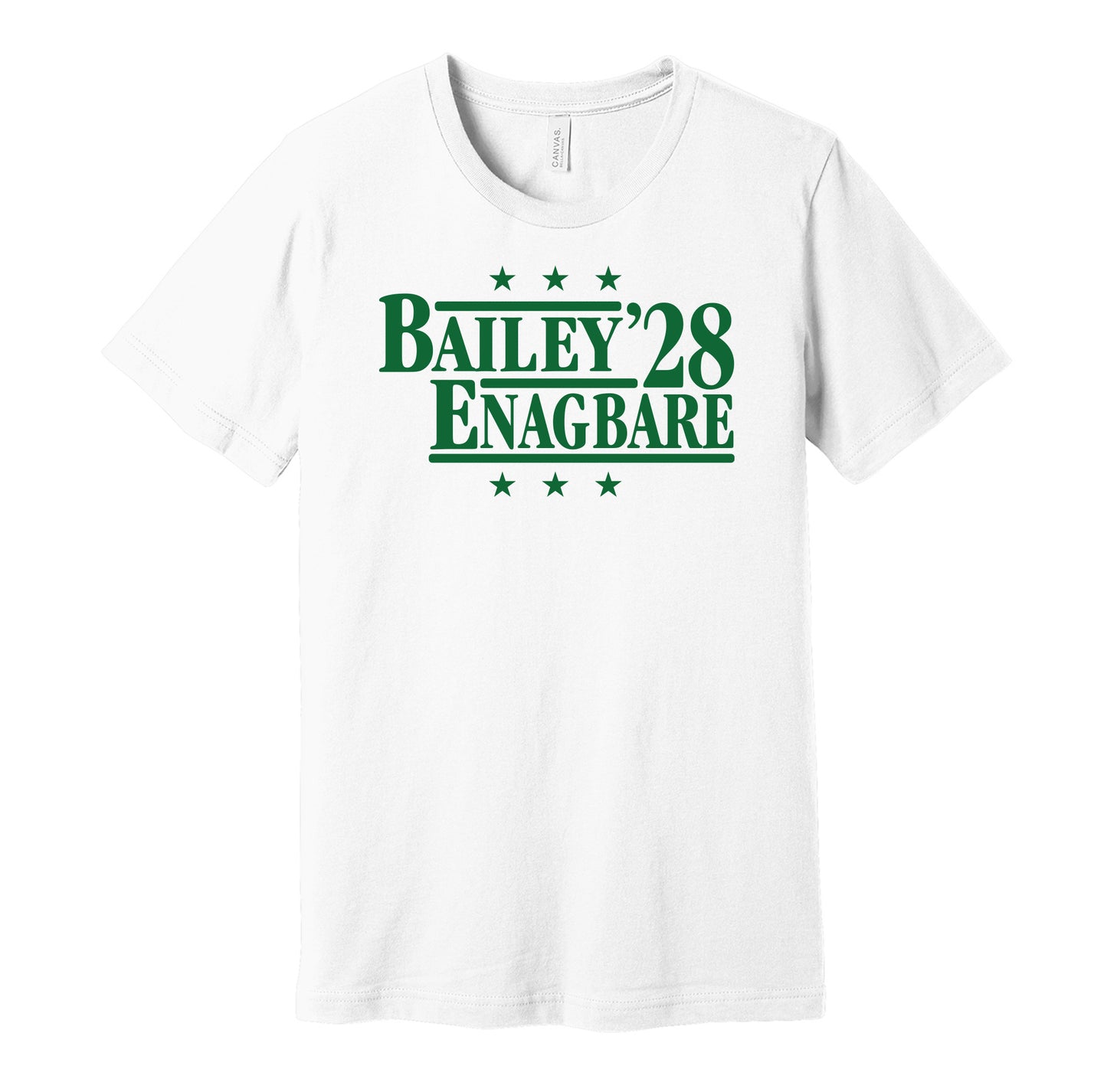 New York Jets retro political campaign parody white t-shirt featuring David Bailey and Kingsley Enagbare '28, designed in a vintage election style by Hyper Than Hype Shirts.