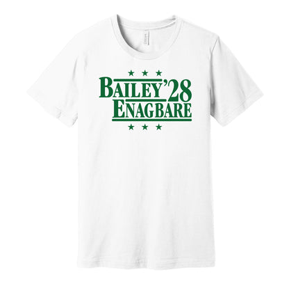 New York Jets retro political campaign parody white t-shirt featuring David Bailey and Kingsley Enagbare '28, designed in a vintage election style by Hyper Than Hype Shirts.