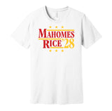 mahomes rice '28 kansas city chiefs fan white shirt gameday hype tee 2028 2026