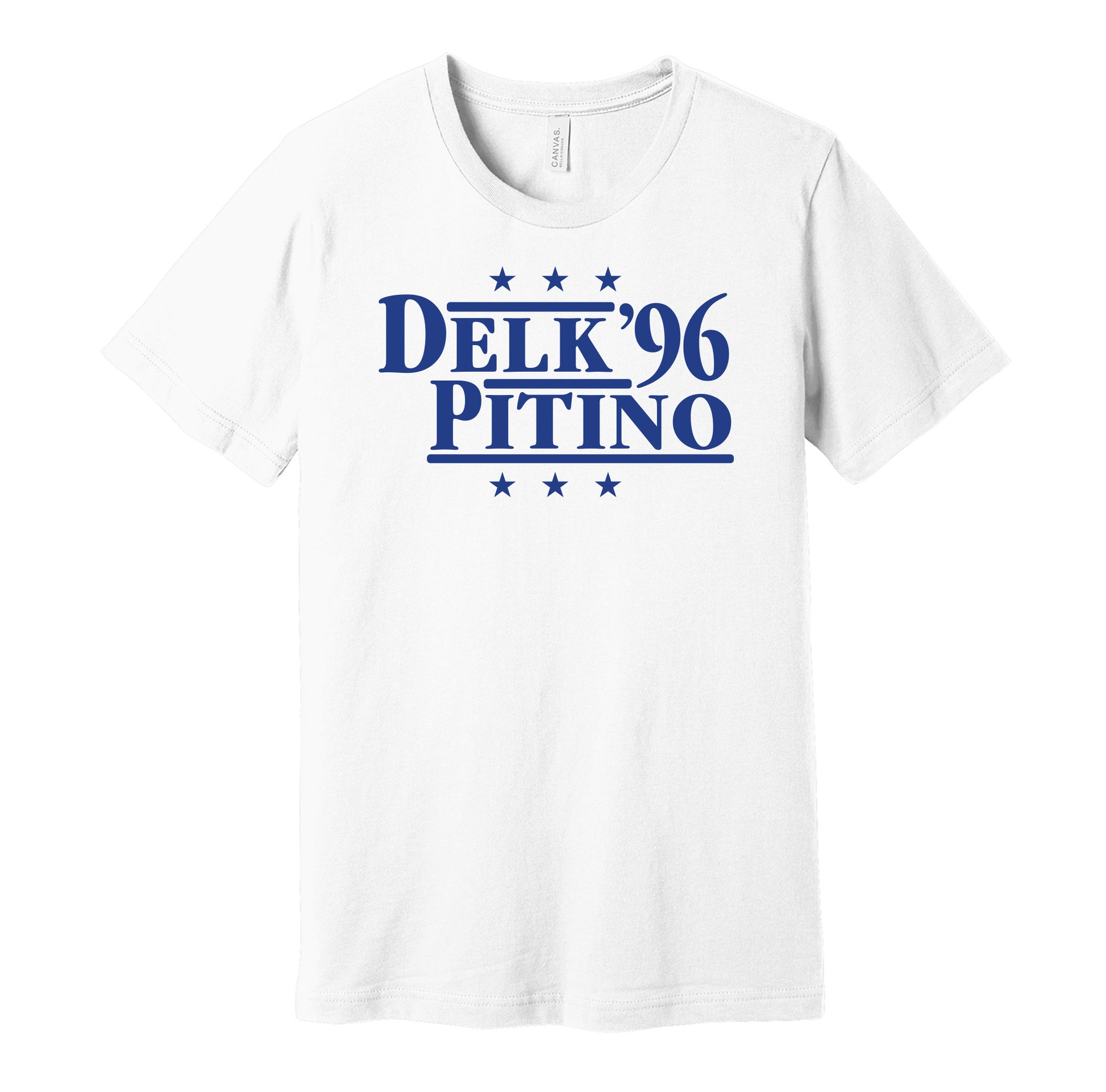 Kentucky Wildcats retro political campaign parody white t-shirt featuring Tony Delk and Rick Pitino '96, designed in a vintage election style by Hyper Than Hype Shirts.