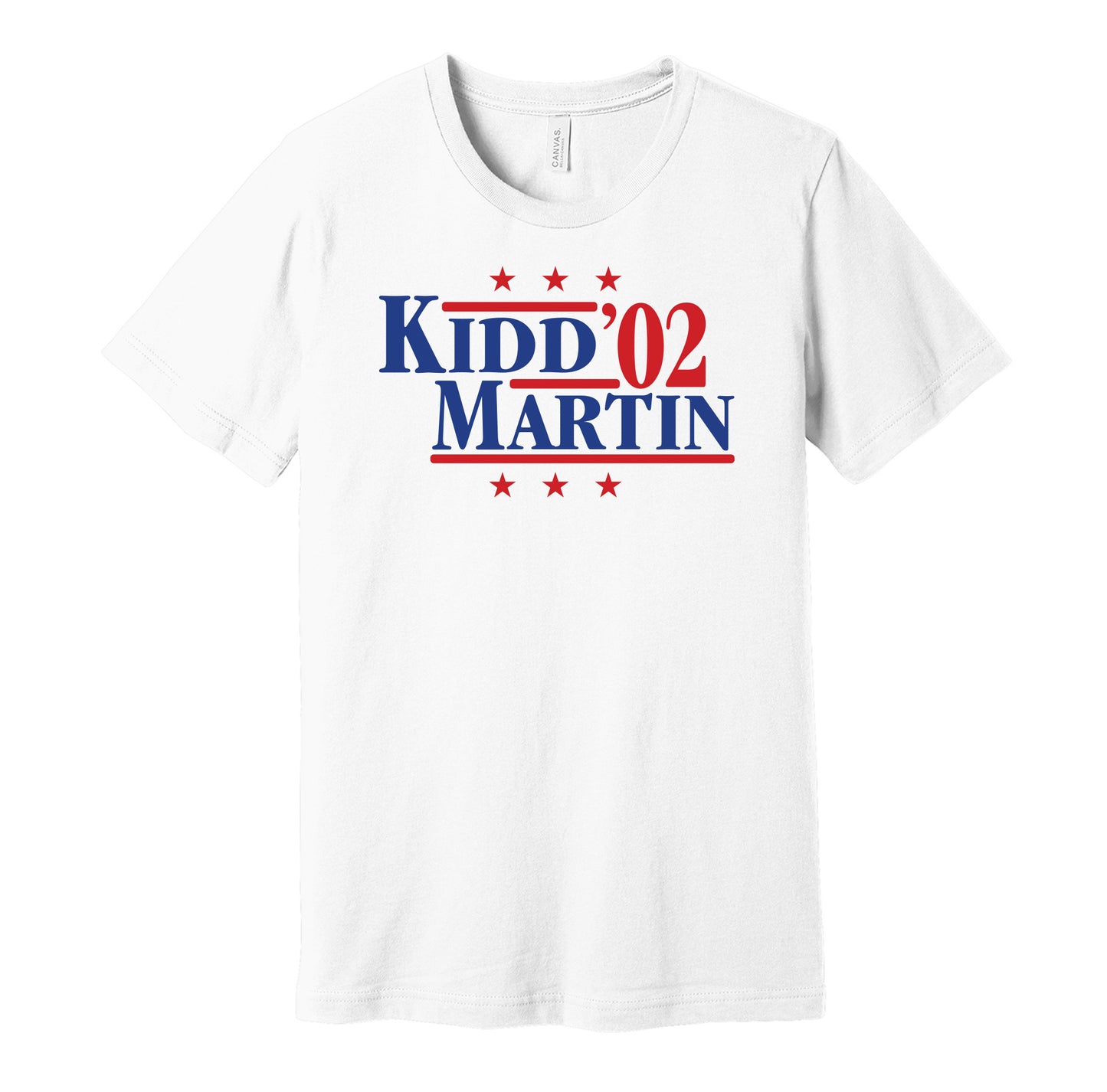 New Jersey Nets retro political campaign parody white t-shirt featuring Jason Kidd and Kenyon Martin '02, designed in a vintage election style by Hyper Than Hype Shirts.