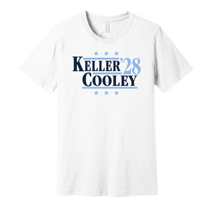 Utah Mammoth retro political campaign parody white t-shirt featuring Logan Cooley and Clayton Keller '28, designed in a vintage election style by Hyper Than Hype Shirts.