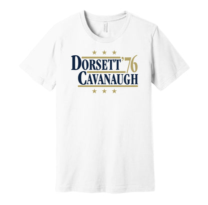 Pittsburgh Panthers retro political campaign parody white t-shirt featuring Tony Dorsett and Matt Cavanaugh '76, designed in a vintage election style by Hyper Than Hype Shirts.