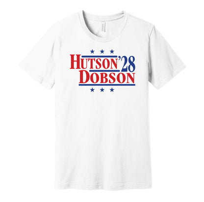 Montreal Canadiens retro political campaign parody white t-shirt featuring Lane Hutson and Noah Dobson '28, designed in a vintage election style by Hyper Than Hype Shirts.