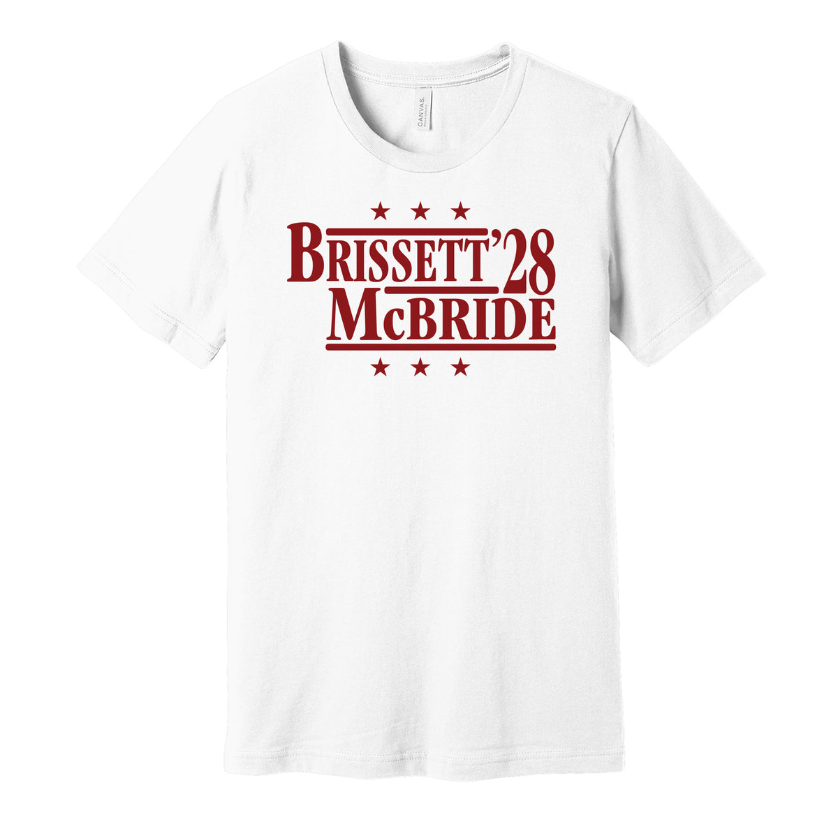 Arizona Cardinals retro political campaign parody white t-shirt featuring Jacoby Brissett and Trey McBride '28, designed in a vintage election style by Hyper Than Hype Shirts.