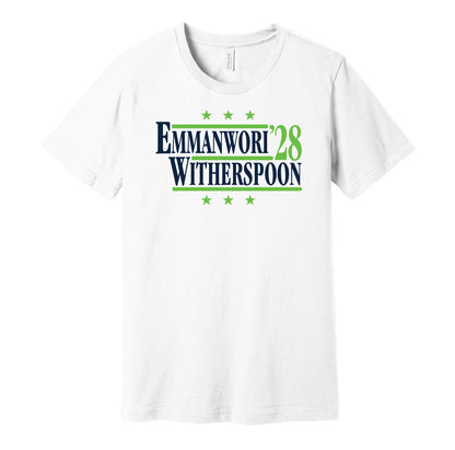 Seattle Seahawks retro political campaign parody white t-shirt featuring Nick Emmanwori and Devon Witherspoon '28, designed in a vintage election style by Hyper Than Hype Shirts.