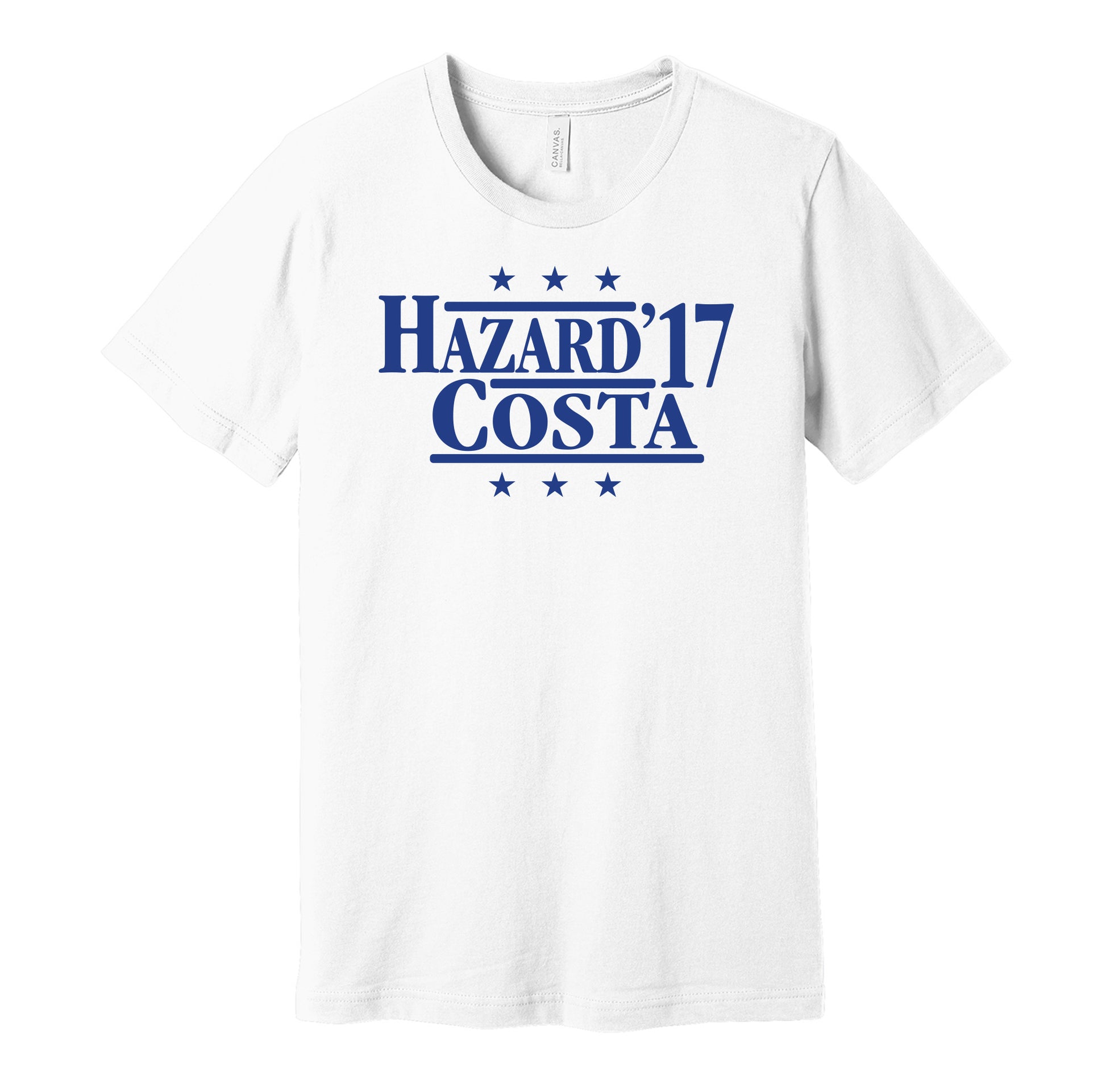 Chelsea retro political campaign parody white t-shirt featuring Eden Hazard and Diego Costa '17, designed in a vintage election style by Hyper Than Hype Shirts.