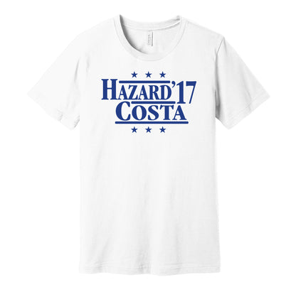 Chelsea retro political campaign parody white t-shirt featuring Eden Hazard and Diego Costa '17, designed in a vintage election style by Hyper Than Hype Shirts.
