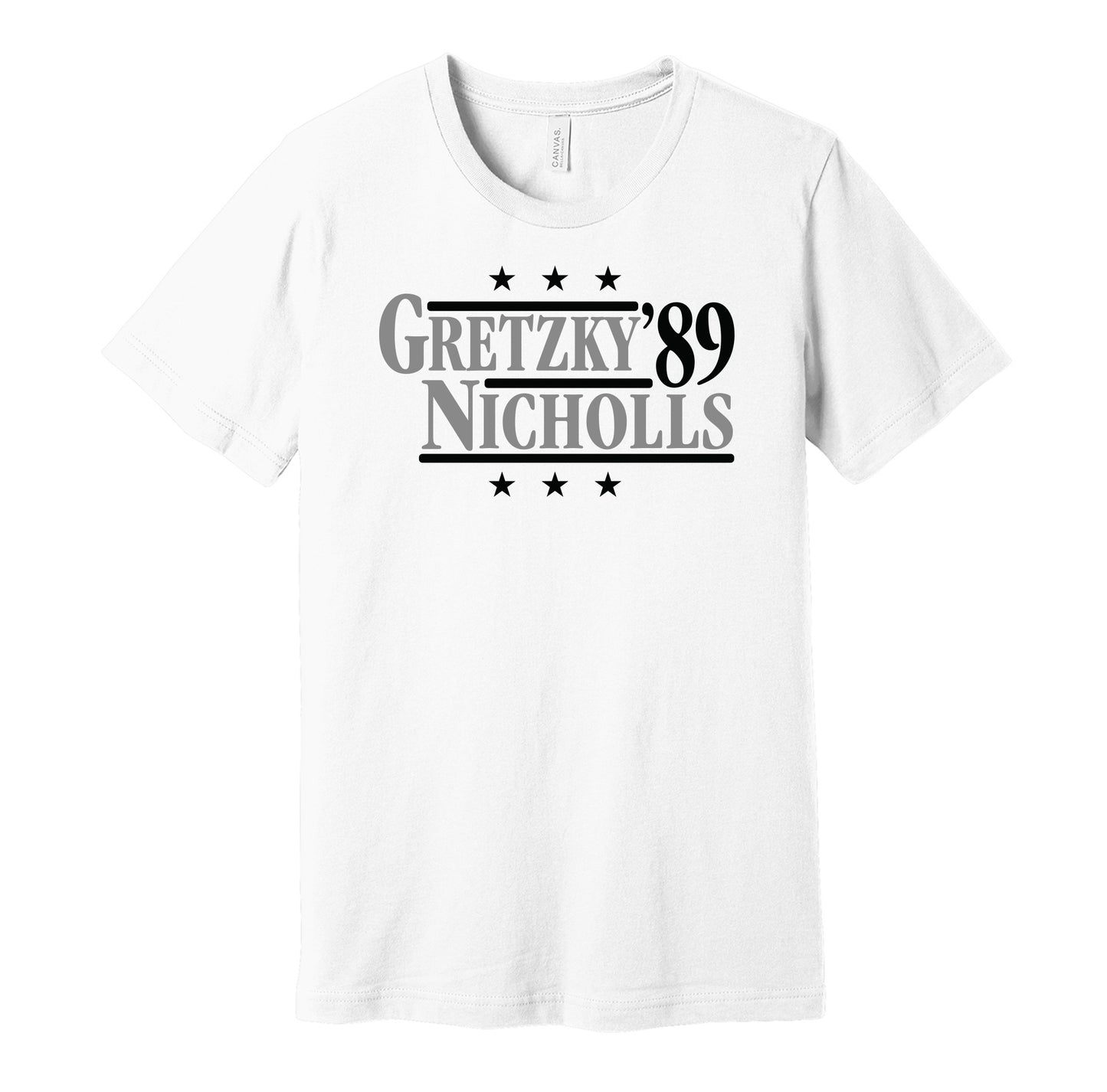 LA Kings retro political campaign parody whie t-shirt featuring Wayne Gretzky and Bernie Nicholls '89, designed in a vintage election style by Hyper Than Hype Shirts.