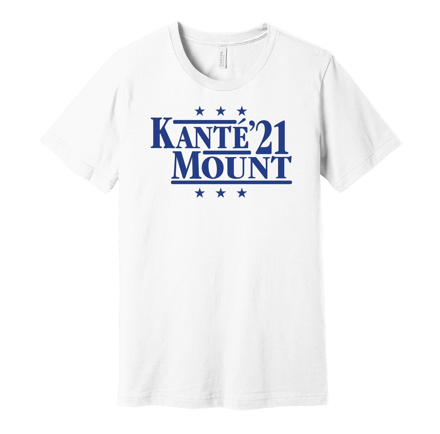 Chelsea retro political campaign parody white t-shirt featuring N'Golo Kanté and Mason Mount '21, designed in a vintage election style by Hyper Than Hype Shirts.