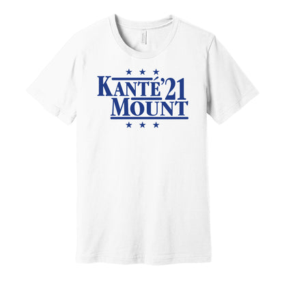Chelsea retro political campaign parody white t-shirt featuring N'Golo Kanté and Mason Mount '21, designed in a vintage election style by Hyper Than Hype Shirts.