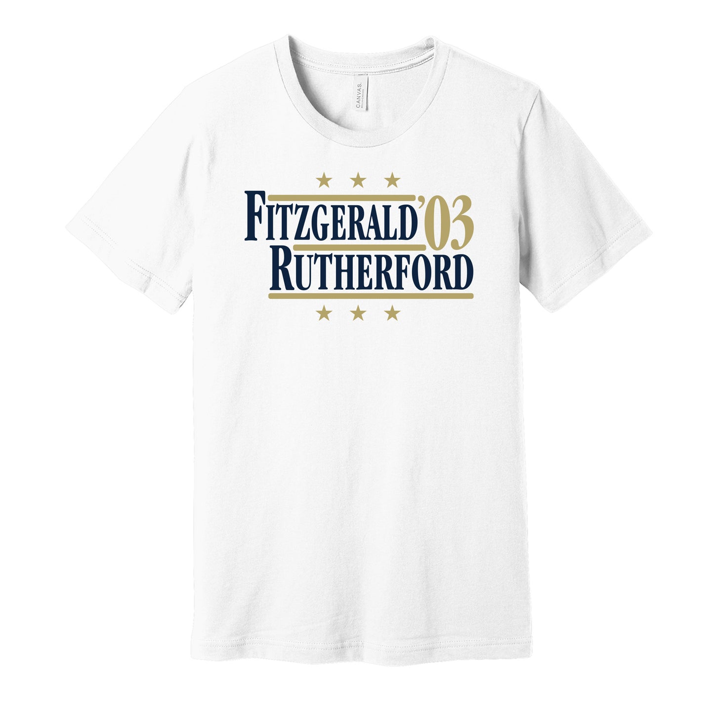 Pittsburgh Panthers retro political campaign parody white t-shirt featuring Larry Fitzgerald and Rod Rutherford '03, designed in a vintage election style by Hyper Than Hype Shirts.