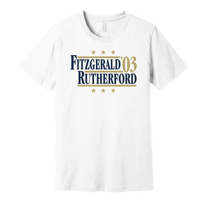 Pittsburgh Panthers retro political campaign parody white t-shirt featuring Larry Fitzgerald and Rod Rutherford '03, designed in a vintage election style by Hyper Than Hype Shirts.