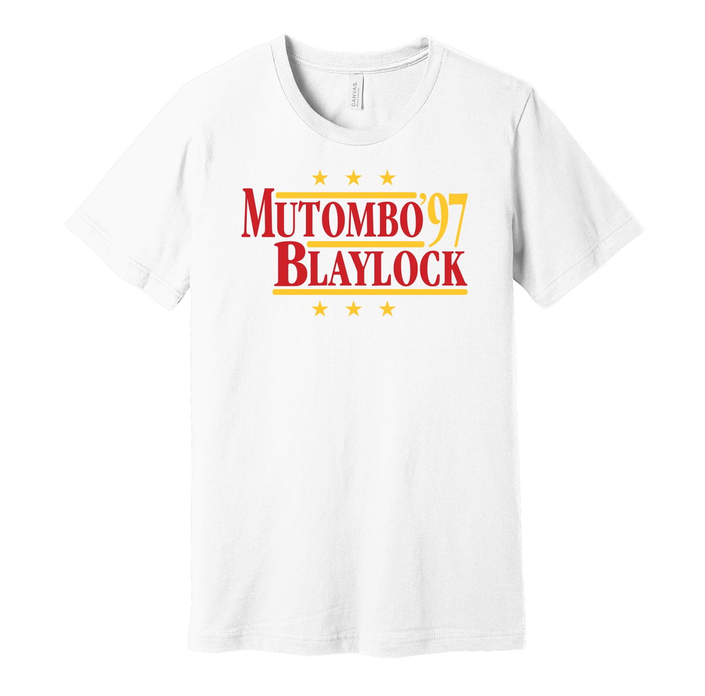 Atlanta Hawks retro political campaign parody white t-shirt featuring Dikembe Mutombo and Mookie Blaylock '97, designed in a vintage election style by Hyper Than Hype Shirts.